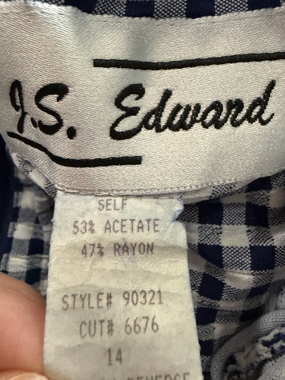 J.S. Edward Vintage 90s Navy Gingham Prairie Rosette Collar Midi Dress - Picture 11 of 12